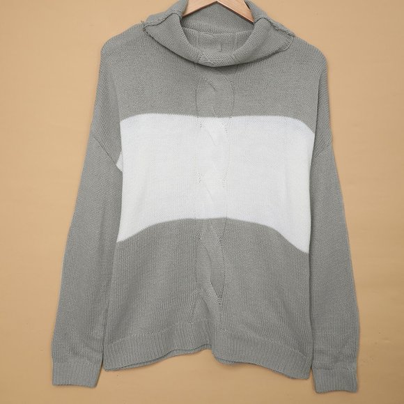 Gray Colorblock Turtleneck Loose Knitted Sweater - Picture 3 of 9